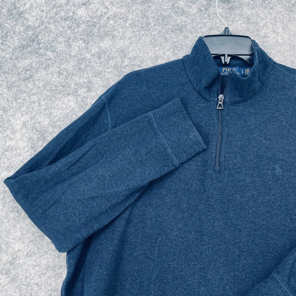 Polo Ralph Lauren 1/4 Zip Sweater Men Large Blue Herringbone Pullover Pony Logo